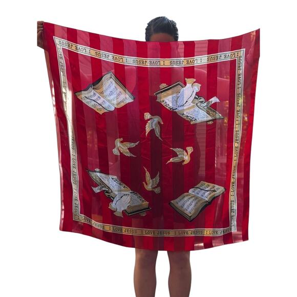 Red Scarf I Love Jesus Bible Praying Hands Doves Religious - Picture 7 of 7
